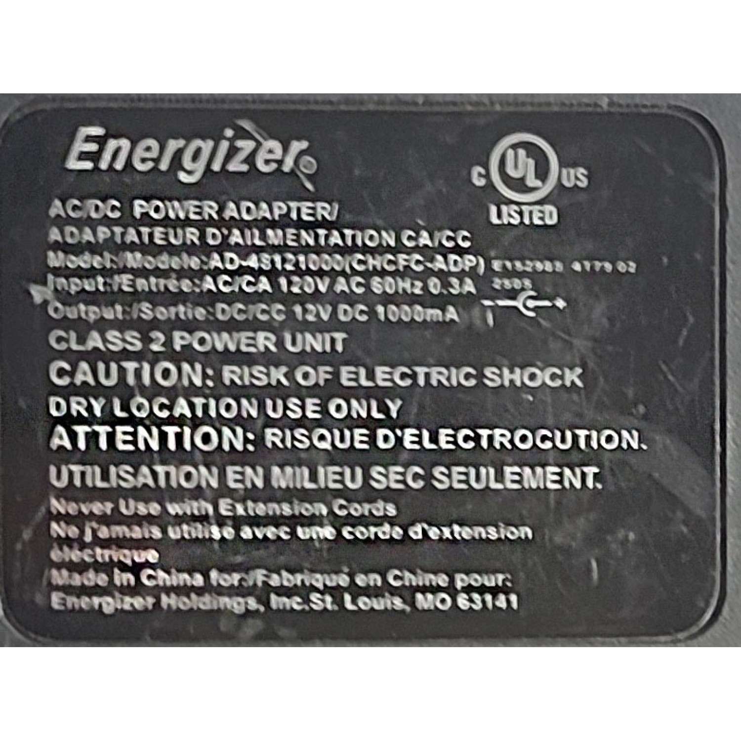ADAPTADOR AC ENERGIZER / NUMERO DE PARTE AD-48121000(CHCFC-ADP) / INPUT: 120 AC 60HZ 0.3A / OUTPUT: 12V DC 1000mA	 - Imagen 2